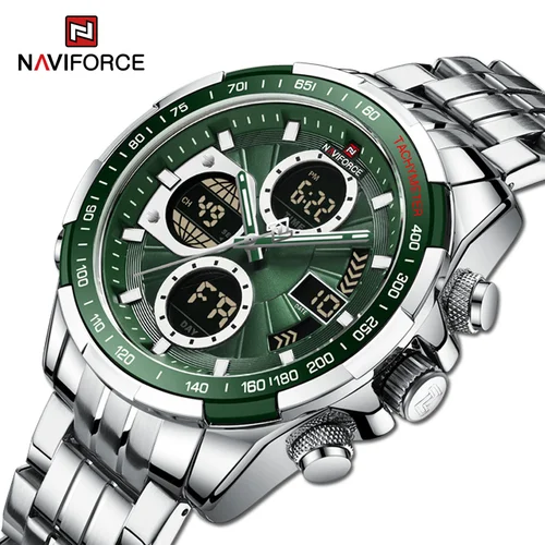 NAVIFORCE relojes de pulsera para Hombre, Reloj deportivo informal de acero inoxidable resistente al agua con pantalla Dual luminosa, Reloj de cuarzo para Hombre