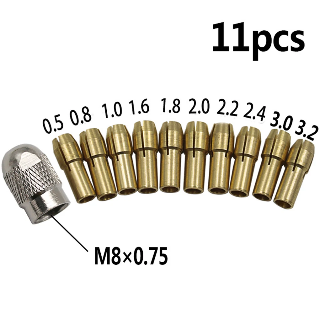 11PCS/Set Brass Drill Chucks Collet Bits 0.5-3.2mm 4.8mm Shank Screw Nut Replacement For Dremel Rotary Tool