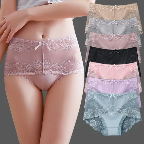 Imagen 2 del producto 7 Uds. Ropa interior de algodón para mujer, bragas transparentes de encaje, pantalones cómodos antibacterianos de talla grande, lencería sexy femenina