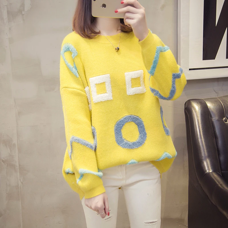 Autumn Winter Embroidery Long Knit Sweater Women Yellow Khaki Blue Korean Loose O-Neck Long Sleeve Pullover Knitted Tops Female