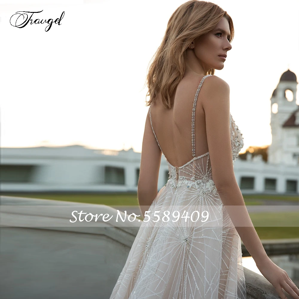 Traugel A-Line Beach Shiny Wedding Dresses V-Neck Spaghetti Straps Vestido De Novia Beaded Lace Appliques Bridal Gowns