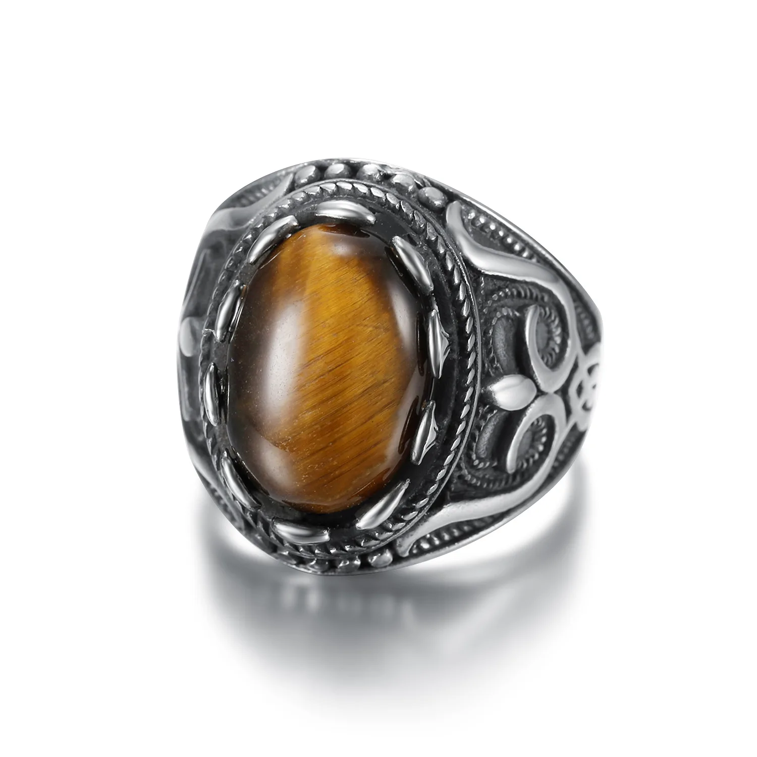 Retro Round Titanium Steel Inlaid 3colour Onyx Ring Gift Men Domineering Rings Party Jewellry Accessory Hollowen Gift