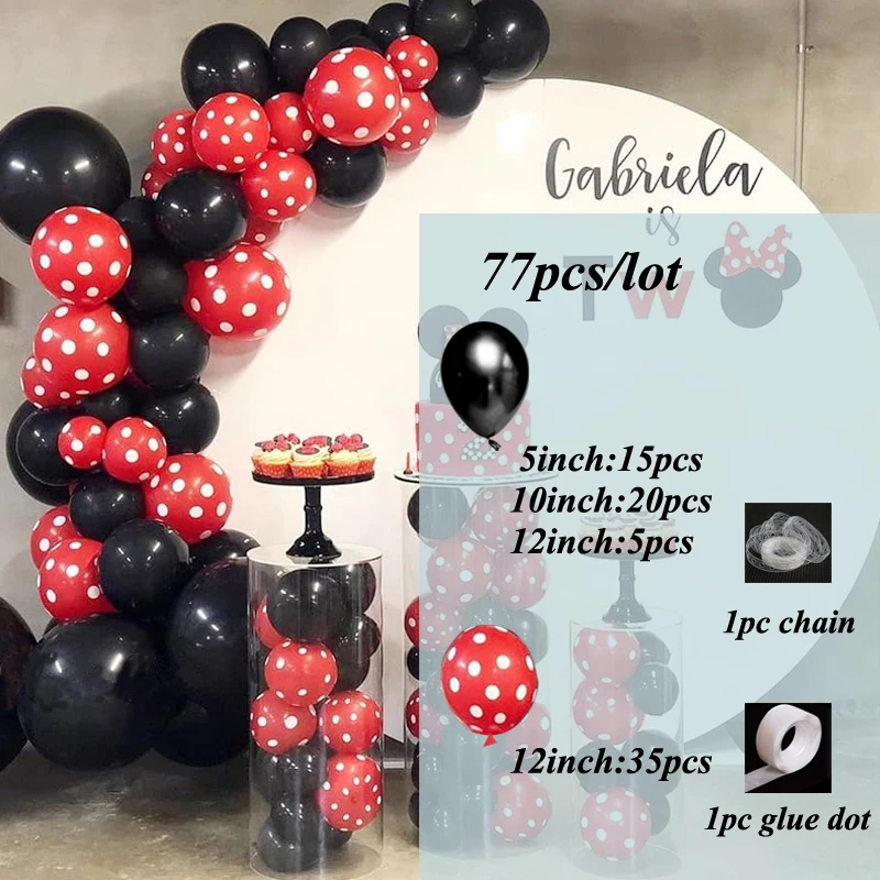 77Pcs Mouse Theam Black Dot Red Balloon Garland Arch Kit Ladybug Latex Globos Happy Birthday Party Decorations Kids Baby Shower