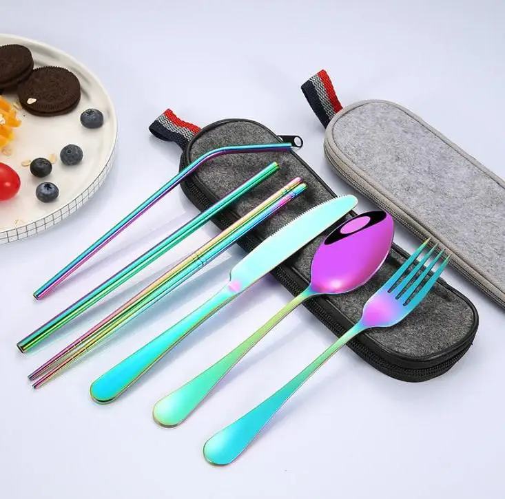 

Portable Flatware Set 5 Colors Tableware 8pcs/sets Outing Dinnerware Stainless Steel Straw Brush Spoon Fork Chopsticks Knife