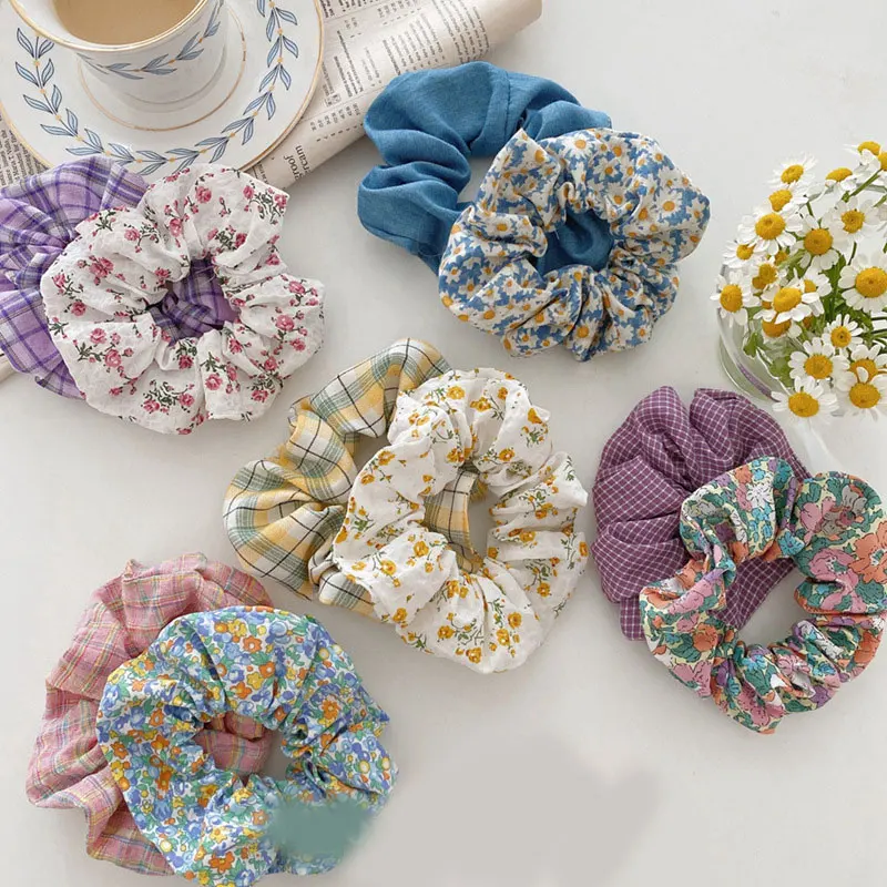 Women Floral Plaid Hair Scrunchies Vintage Wild Hair Ring Elastic Rubber Band Girls Fashion Ponytail Scrunchie Hair Accessories