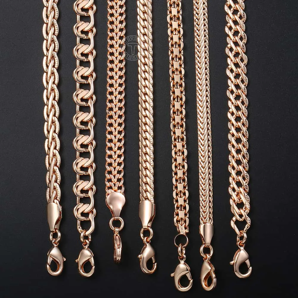 585 Rose Gold Color Women Men\'s Necklace Foxtail Curb Weaving Rope Snail Link Herringbone Beaded Pearl Chain 50/60cm Jewelry