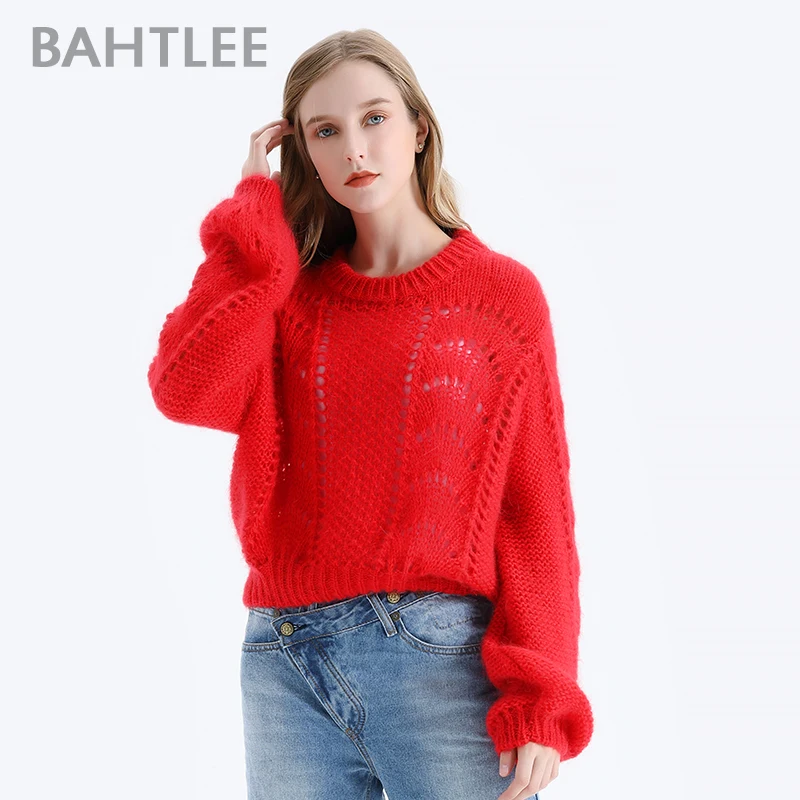 BAHTLEE-Women\'s Lantern Sleeves Knitted Sweater, Loose Pullover, Short Wool Jumper, Hollow Out, Autumn, Winter