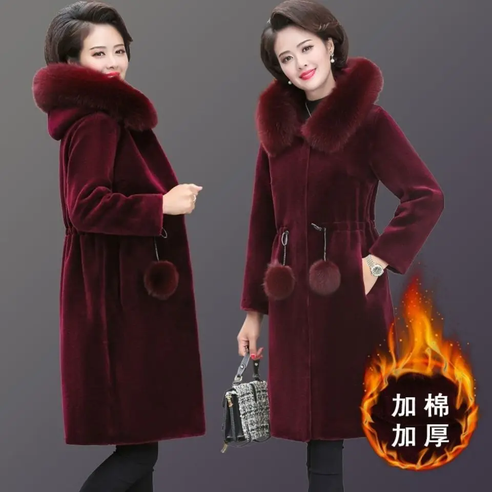 Middle-Aged Imitation Fur Coats Women's 2024 Winter New Jacket Plus Velvet Thick Ladies Mink Velvet Outwear Mid-Length Overcoat