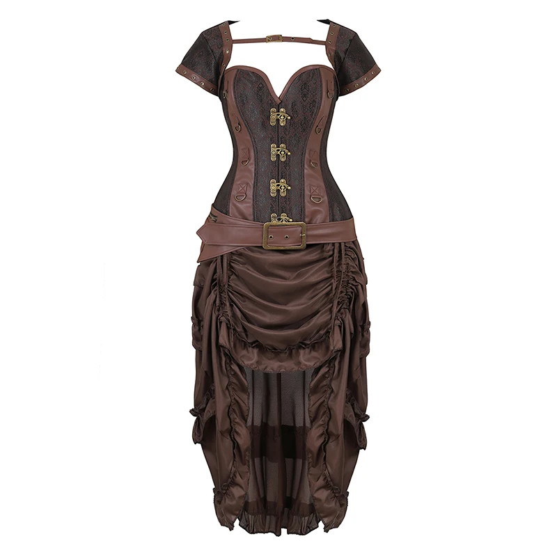 Brown Steampunk Corset Dress Vintage skirt Goddess Costume High Low Ruffle Party Pirate Skirts Lolita Medieval Victorian Set