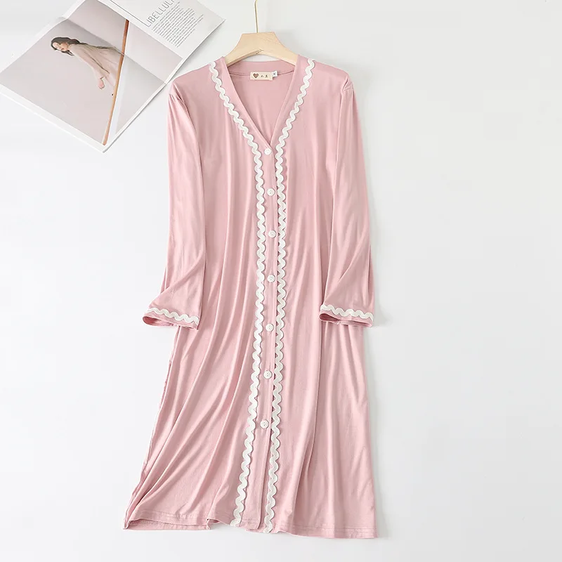 Spring Autumn Modal Nightdress Cardigan Lace Long Sleeve Mid Length Dress Outer Wear Home Clothes Women\'s Nightwear Nightgowns