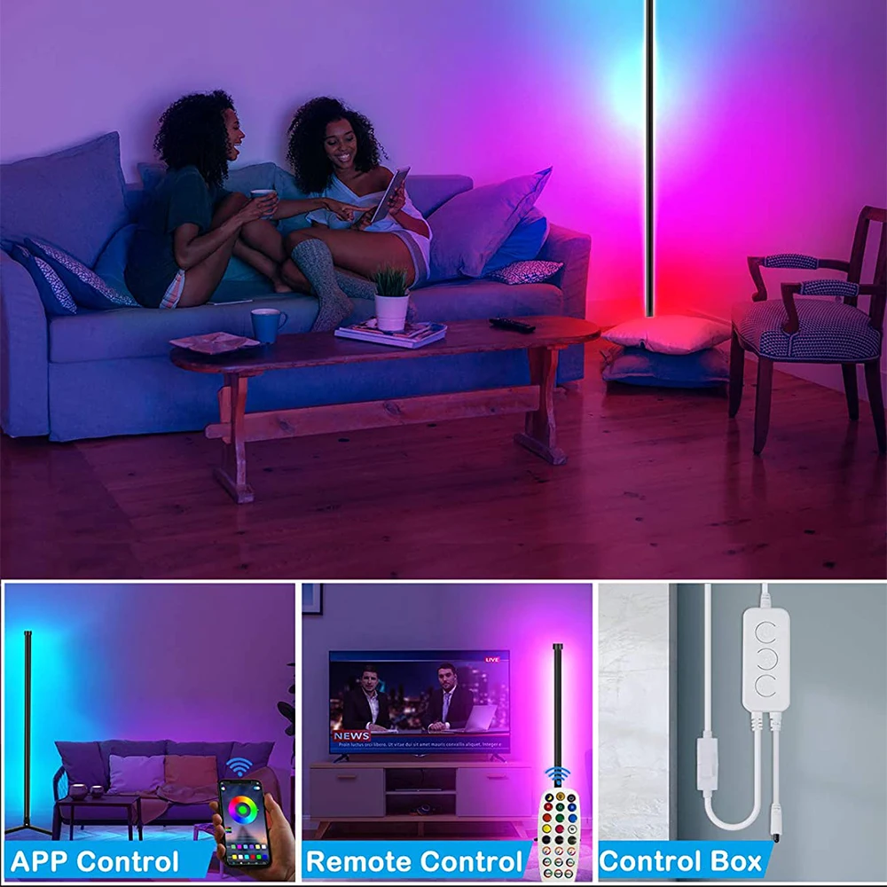 Bluetooth APP 24-key Remote Control USB Powered RGB Color Changing LED Corner Floor Lamp Light Bar for Living Room, Bedroom