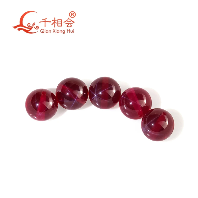 Transparent artificial star sapphire ruby red color sphere shape ball shape stone corundum with full hole loose gemstone