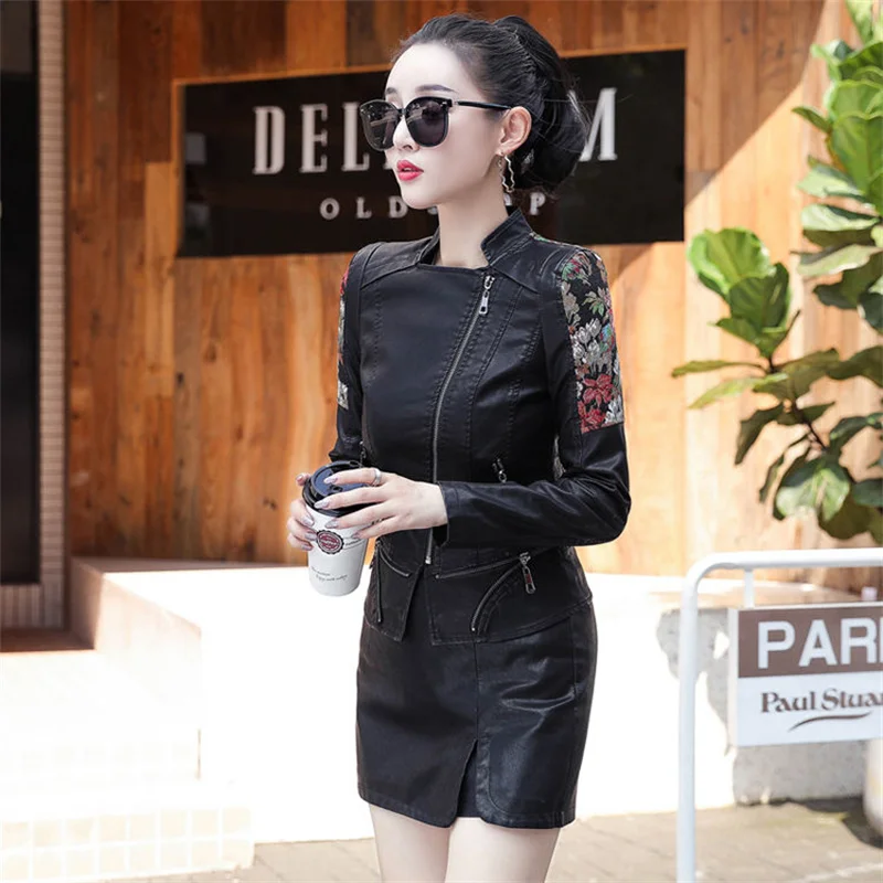 2024 Embroidery New Street Short PU Leather Jacket Suit Two-Piece Suit Skirt Pant Slim Washed Motorcycle Leather Jacket Women