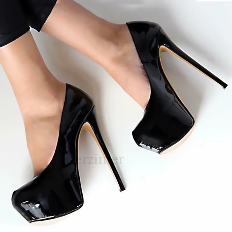 BERZIMER Black Platform Heels Shiny Patent Dress Praty Shoes Stiletto High Heels Pumps Zapatos Shoes Large Size 50 51 52