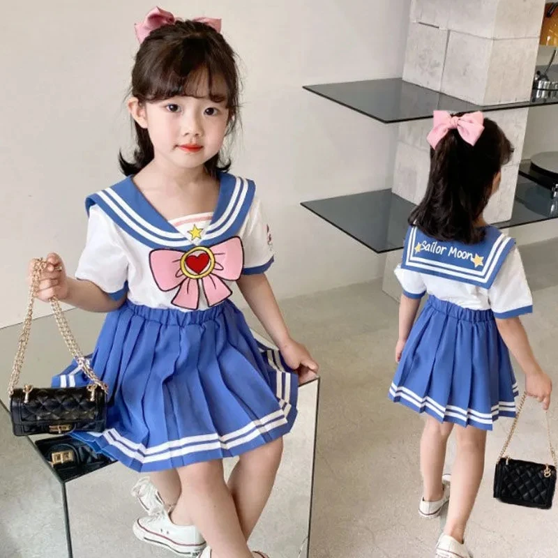 Baby Girls Clothes Sets Summer Bow Striped Tops Pleated Skirts Suits Cute Sailor Moon Cosplay Party Custume Children Clothes Set