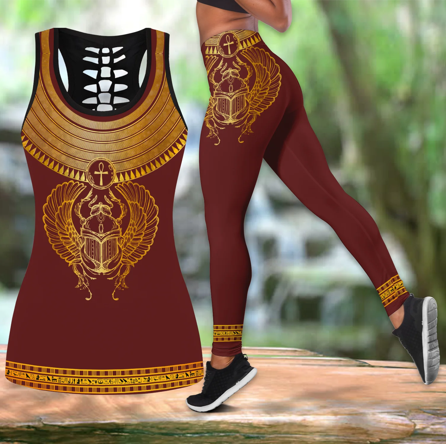 

Khepri rising ancient Egyptian 3D Printed Hollow Tank Top & Leggings Set Fitness Female Full Length Leggings Yoga Pants LKB-15