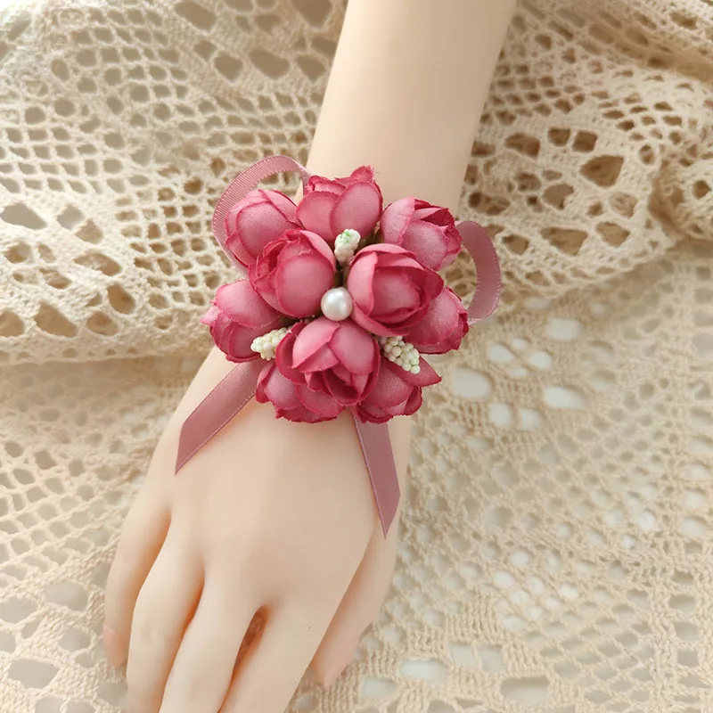 Cổ Tay Hoa Cô Dâu Xòe Cưới Vòng Tay Cho Phù Dâu Fleur Ngà Boutonnieres Phụ Kiện Mariage Trang Trí Hoa Hồng Lụa