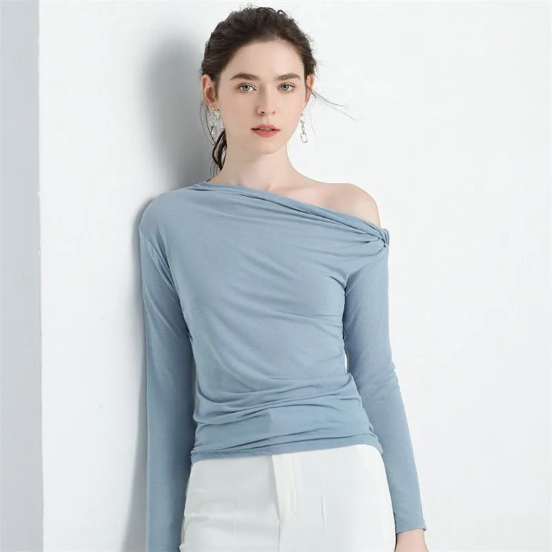 Donne Sottile Skew Collare Camicia Lavorato A Maglia Elastico Magliette E Camicette A Maniche Lunghe Solido Camicia di Cotone Femminile Autunno Magliette E Camicette Più Il Formato M-7XL