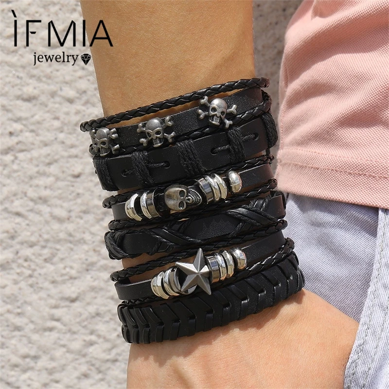 Fashion 6Pcs Set Gothic Punk Skull Star Metal Multilayer Leather Bracelet Men Bracelets & Bangles Male Arm Jewelry 2020 Accessor