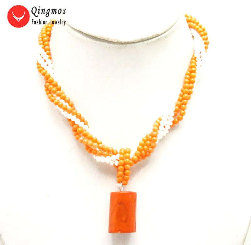 Qingmos 25mm Natural Orange Coral Pendant Necklace for Women with 4mm Orange Coral & 5mm White Round Natural Pearl Necklace 17''