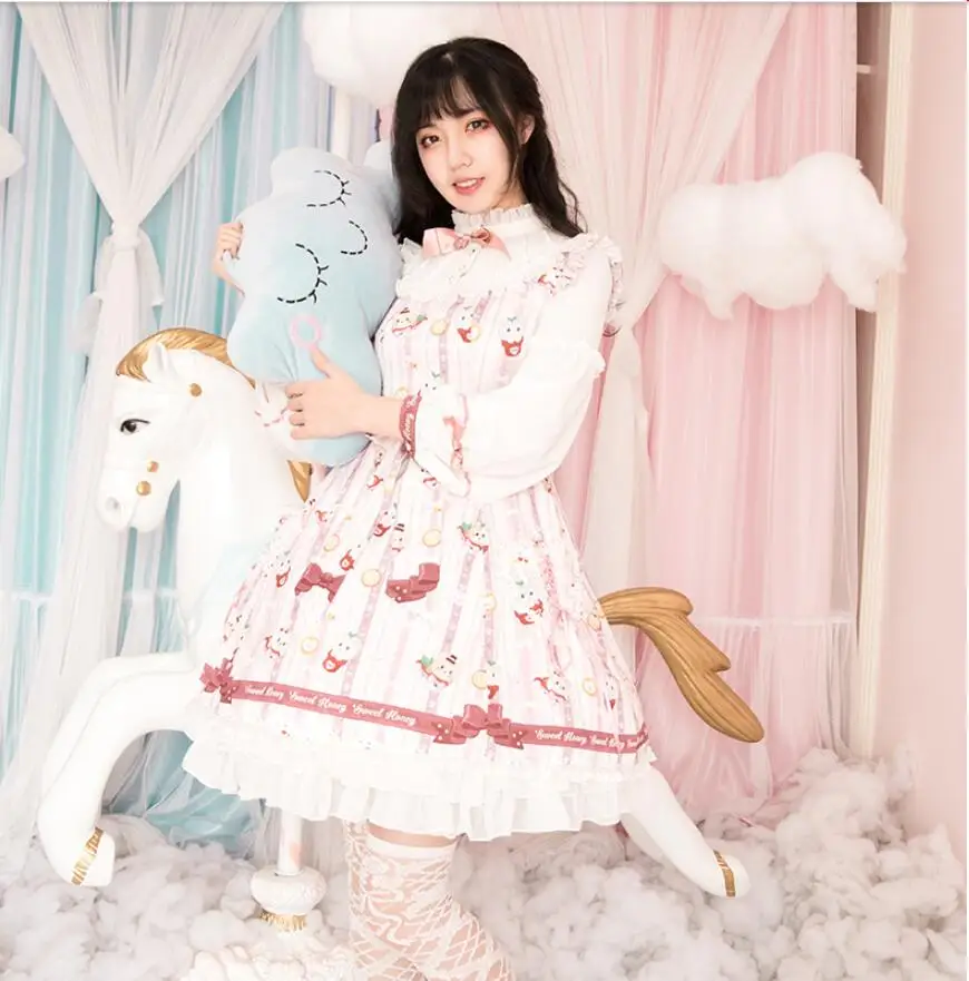 

Japanese Sweet Long Sleeve Print OP Dress Mori Girl Chiffon Retro Gothic Dress Cos Lolita Kawaii Tea Party Vestidos Loli