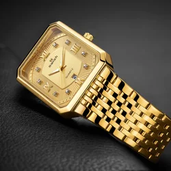 New Golden Relogio Masculino Luxury Rectangle Quartz Wristwatch Mens Stainless Steel Bracelet Watches Waterproof Clock with Box