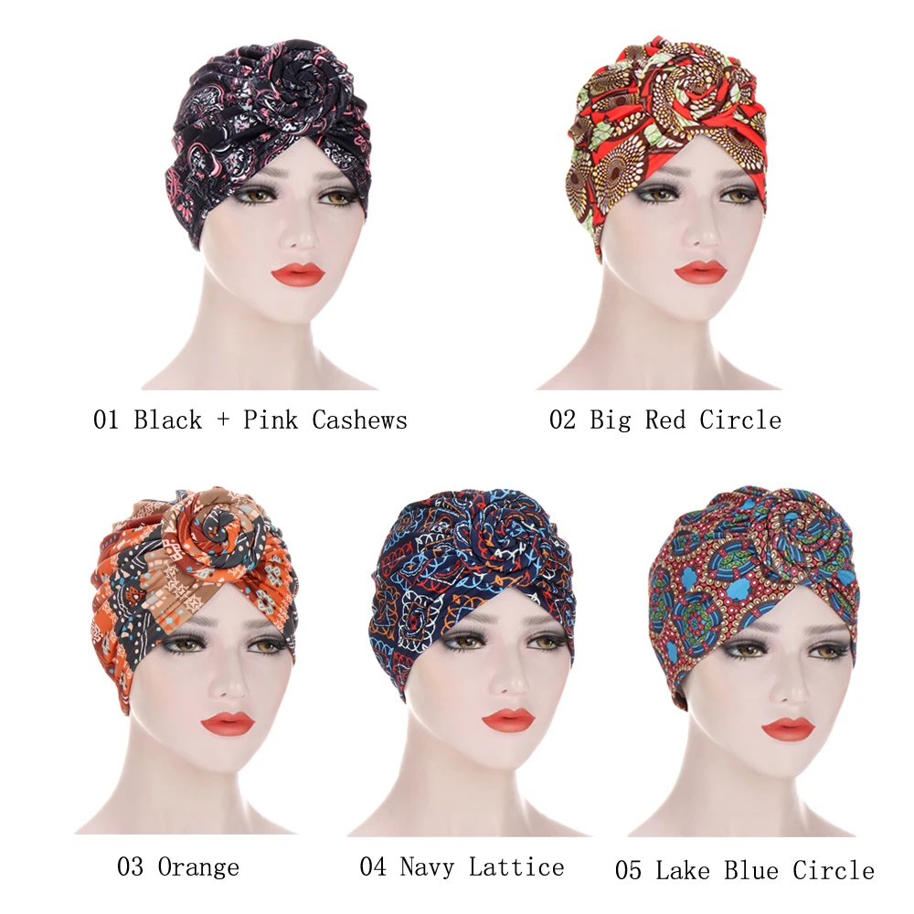 Women Tie Turban Hat Knot Turban Printed African Twist Headwrap Ladies Hair Accessories India Hat Chemo Cap Bonnet Beanies New