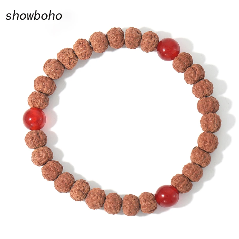 Red Onyx & Original Rudraksha Beaded Elastic Cord Bracelet Male Female Fashion Glamour Yoga Simple Bangle Jewelry