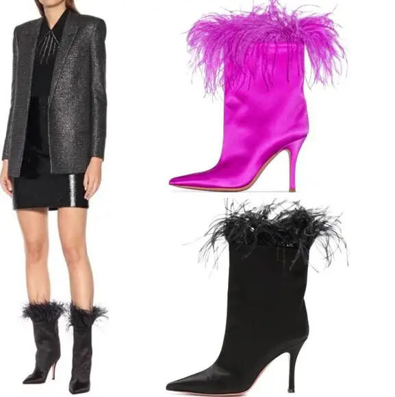 

Dipsloot Hot Pink Black Silk Feather Mid-calf Boots Woman 9 cm Thin Heels Pointed Toe Slip On Short Fur Boots Big Size 47