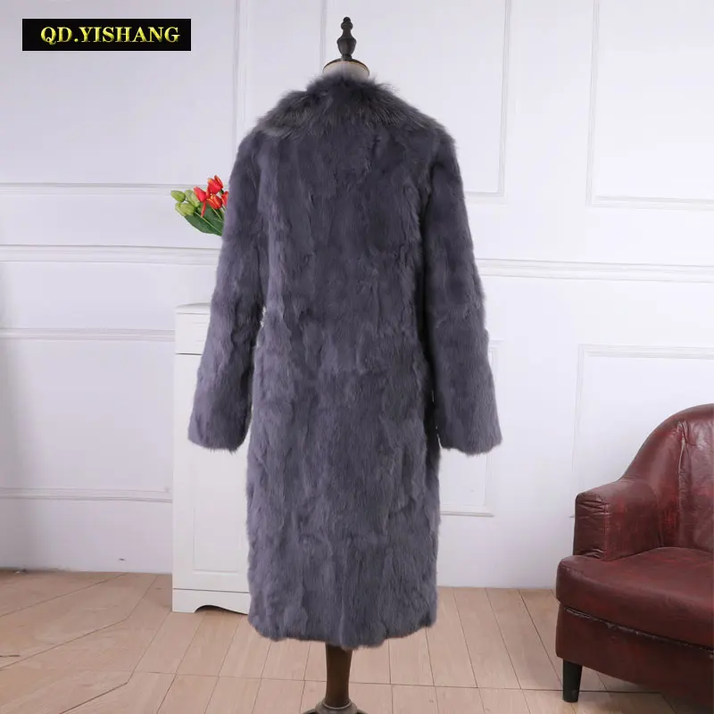 الشتاء الدافئة النساء ريال الأرنب معطف الفرو الطبيعي معطف طويل الراكون الفراء طوق طويلة الأكمام الفراء الموضة QD.YISHANG