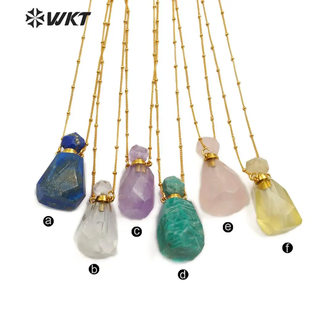 WT-N1162 Perfume Bottle Natural Stone Necklace Gem stone Smokey With Gold Electroplated Ball Bead Chain Necklace Fashion Jewelry