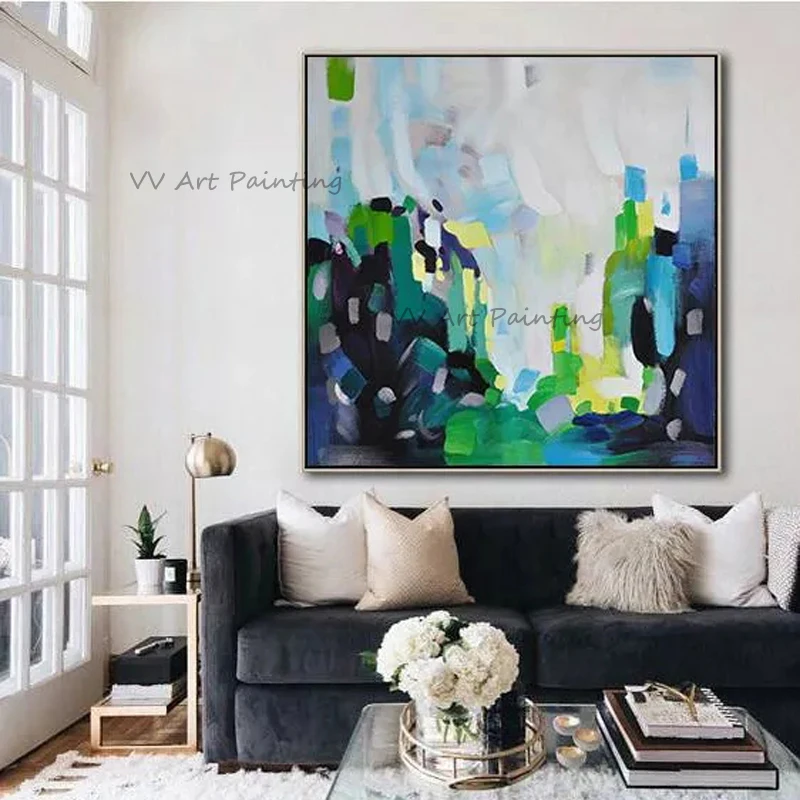 Contemporary Canvas Painting,Original Hand Painted Palette Knife Art,Tropical Cool Tone Square Abstract, Bedroom Decor Unframed