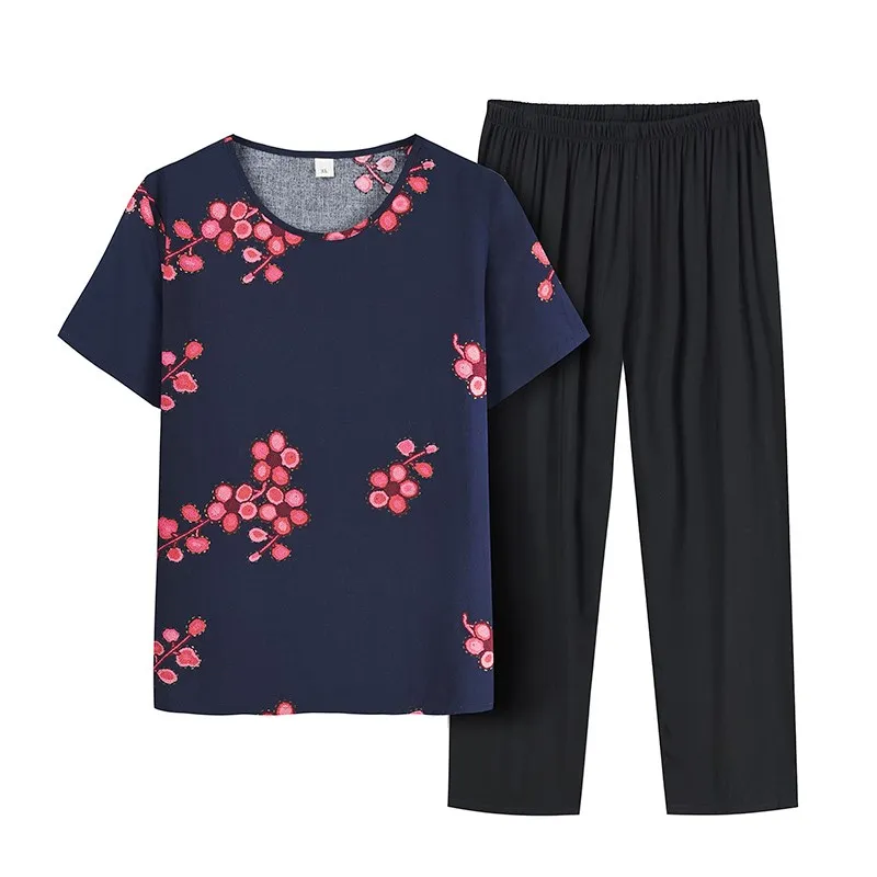 Middle-Aaged Elderly Mothers Short Sleeve Summer Suit Loose  Women Two-Piece Suit Cotton Silk T-Shirt Female Top+Pants Suit