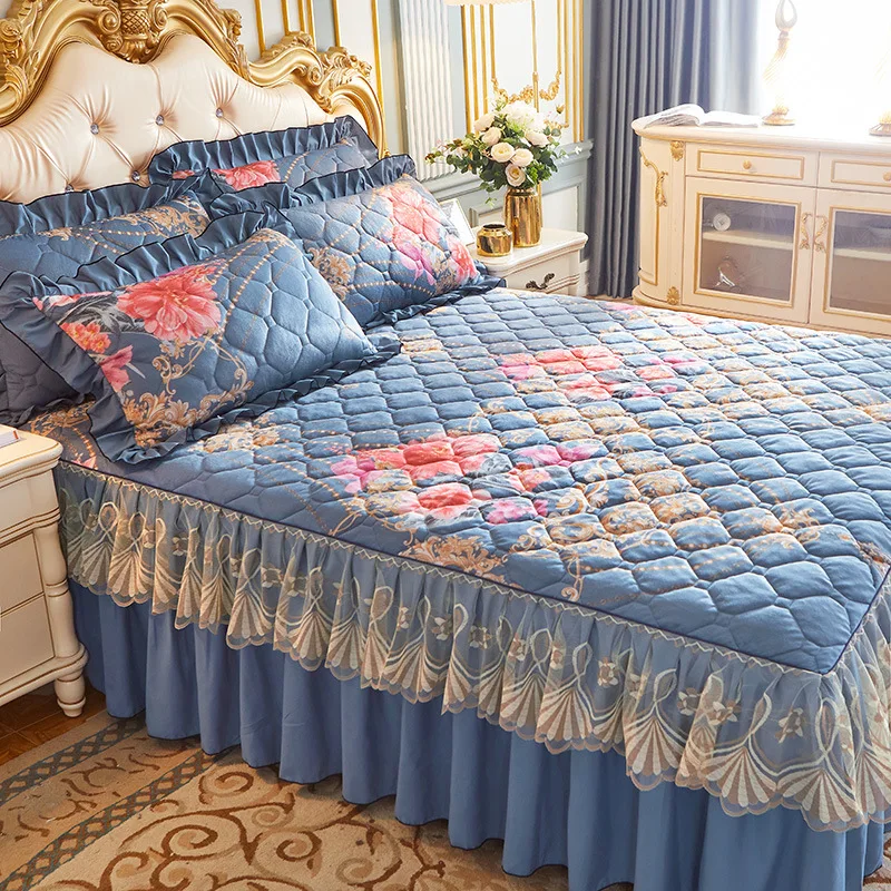 Bedspread on The Bed Princess Lace Bed Skirt Home Textiles Cute Bed Sheets Cotton Crystal Velvet Bedspread Set with Pillowcases