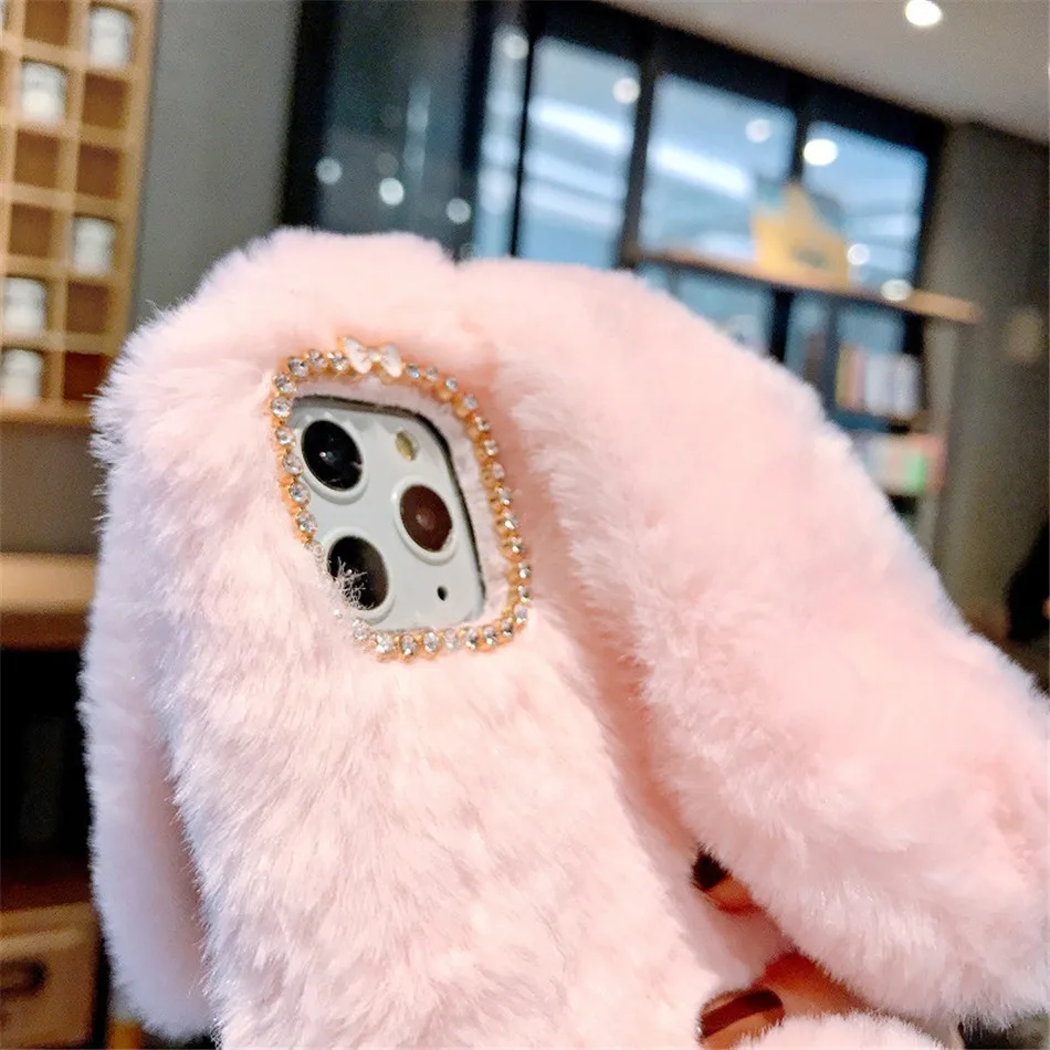 For iPhone 14 13 12 11 Pro XS Max X XR 12Mini Rabbit Ears Furry fluffy Fur Plush Warm Cover for iPhone 6 6S 7 8 Plus Phone Case