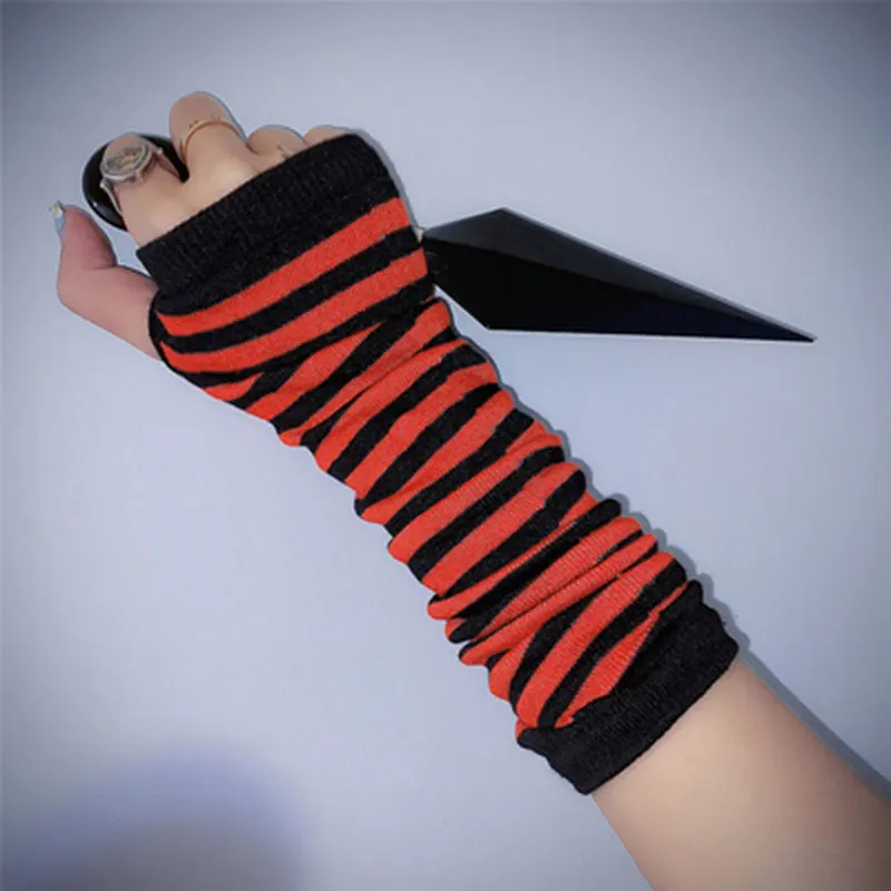 Striped Gloves Arm Warmer Knitted Long Fingerless Gloves Gothic Mittens Punk Rock Accessories Emo Scene Egirl Anime Y2k