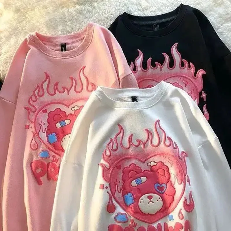 Flame Bear Print Crewneck Sweatshirt Women Winter Velvet Thick Cute Hoodies Oversized Lovely Pink Long Sleeve Tops Girls Loose