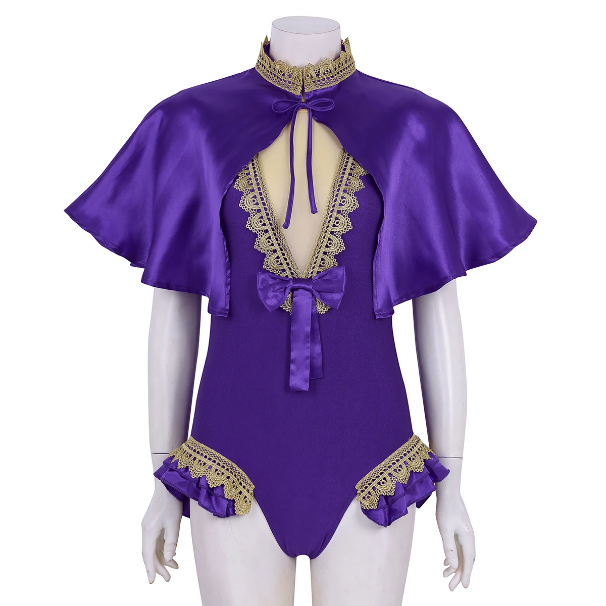 Purple Shiny Satin Cape with Gymnastics Leotard Bodysuit Set Women Halloween Cosplay Party Circus Costume Adult Stage Dance Wear