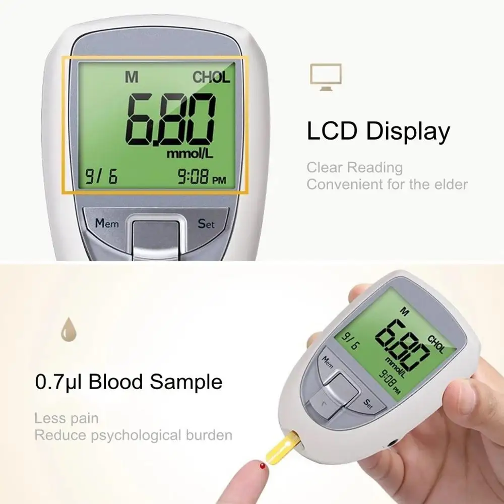 BeneCheck 3 in 1 Blood GLU&UA&CHOL Glucose Meter Uric Acid Test Strip Cholesterol Test Monitor Device Diabetes Tester Kit Diabet