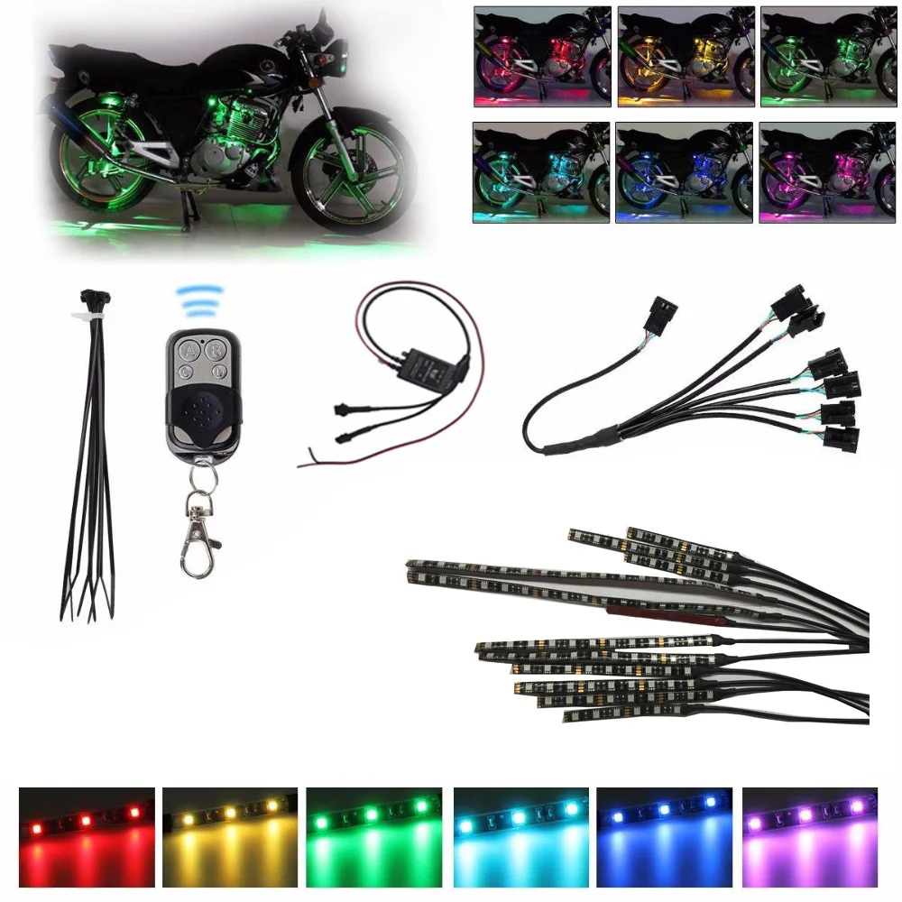 12Pcs Motorcycle LED Light Strip Kit RGB Multi-Color Accent Glow Neon Ground Effect Atmosphere Light with Remote Control