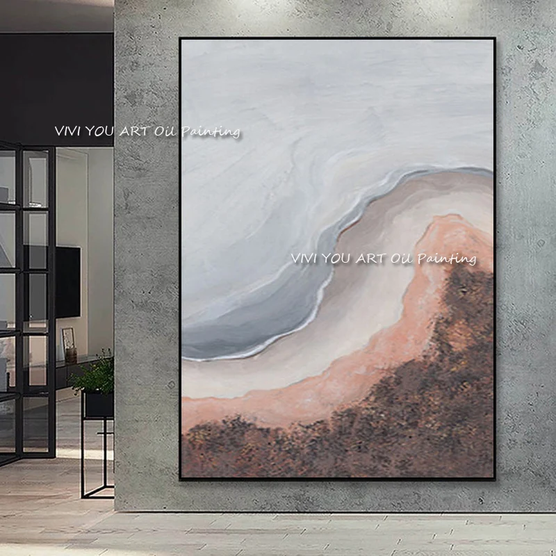 Hand-Painted Impasto Abstract Mountainscape Oil Painting, Modern Neutral Tones Canvas Wall Art