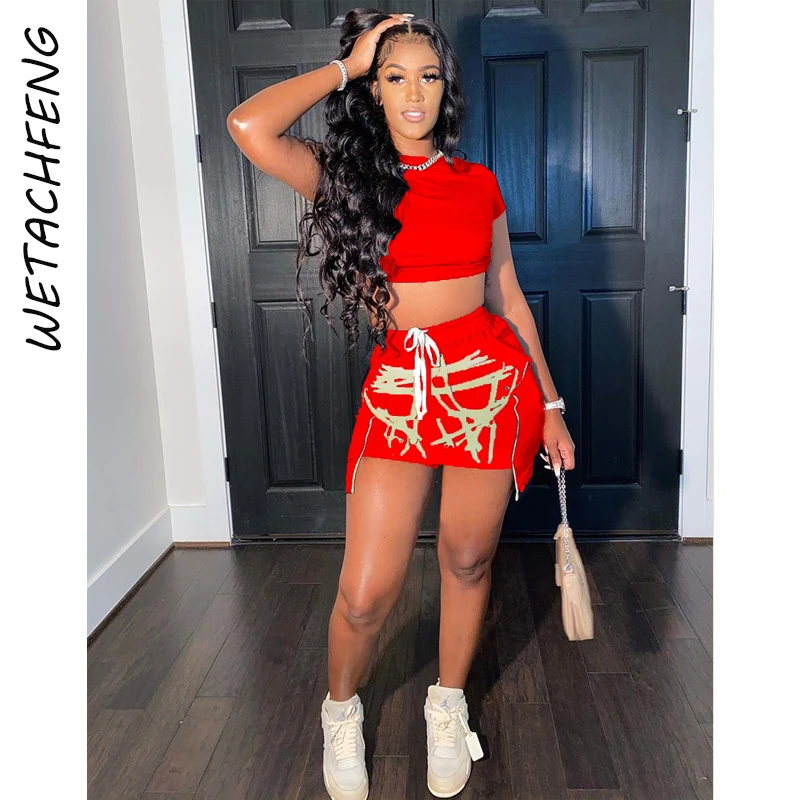 Red Sexy Summer Outfits Crop Top And Skirts Two Piece Set Elegant Women Print Slim Suits Yk2 Matching Tracksuit 2 Sets Clothes