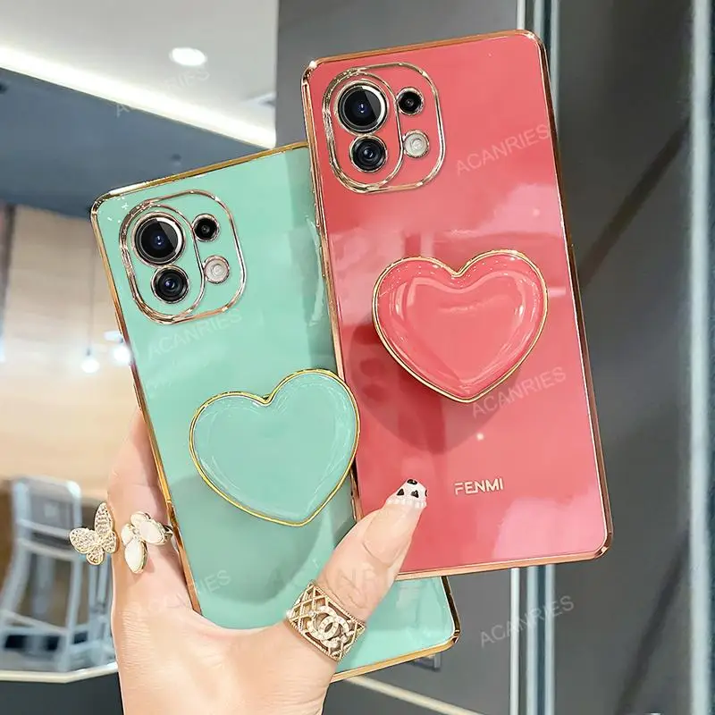 Plating Love Heart Phone Holder Case On For Xiaomi Mi 11 Lite 5g Ne Mi11 i 11i 11lite Pro Ultra Girl Luxury Stand Silicone Cover