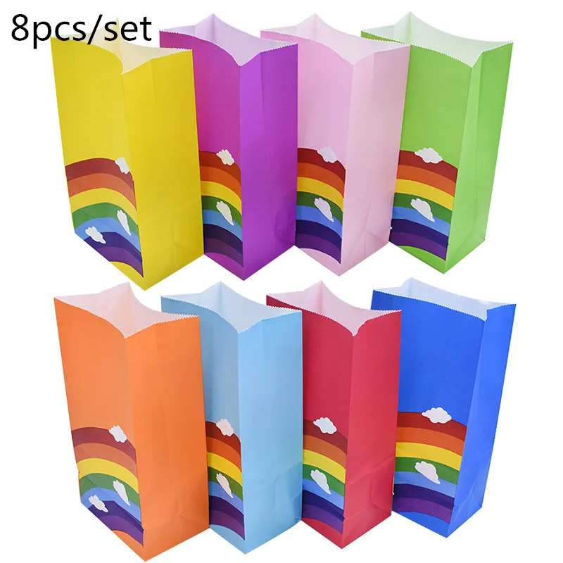 5-8pcs Corlorful Kraft Paper Bag Rainbow Pattern Wedding Sweet Candy Gift Bags Cookie Food Packaging Box Birthday Party Supplies
