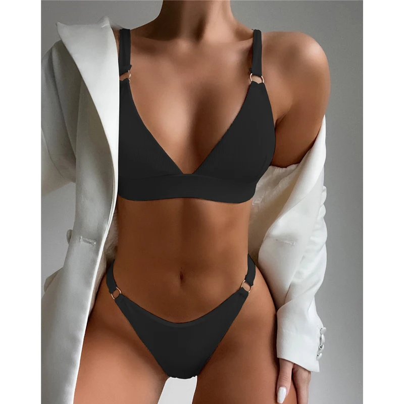 2024 New Sexy Ribbed Ring Bikinis Swimsuit Women Push Up Swimwear Solid Bikini Set Summer Beach Brazil Biquini Swim Bathing Suit