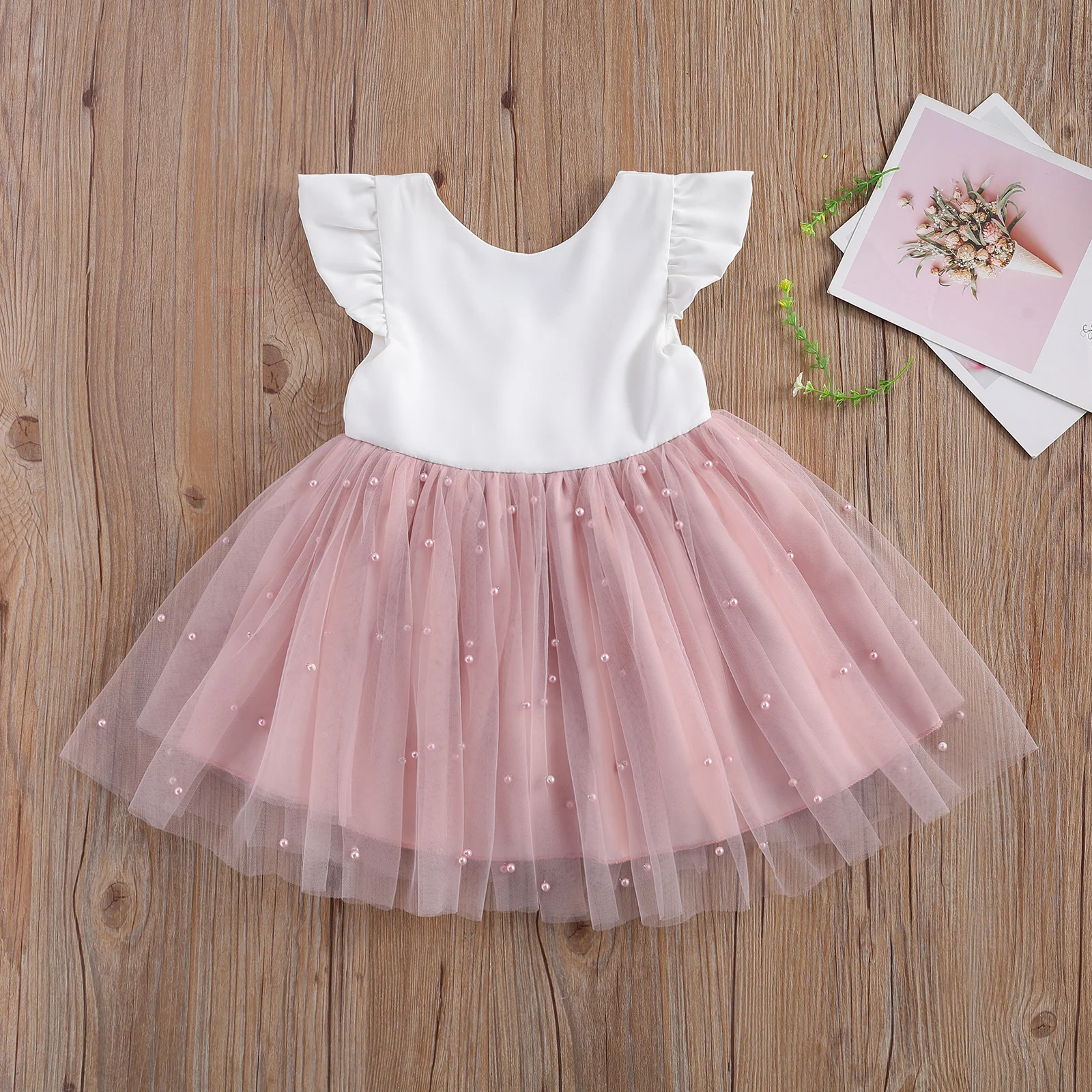 0-5Y Summer Princess Infant Baby Girls Dress Ruffles Sleeve Solid Pearl Lace Patchwork Back Bowknot Tutu Dress