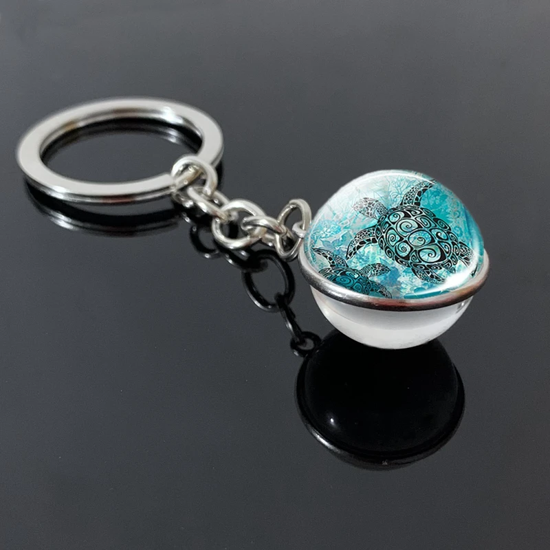 New Turtle Dolphin Shell Glass Ball Keychain Glass Ball Convex Jewelry Keychain Marine Souvenir Pendant Gift