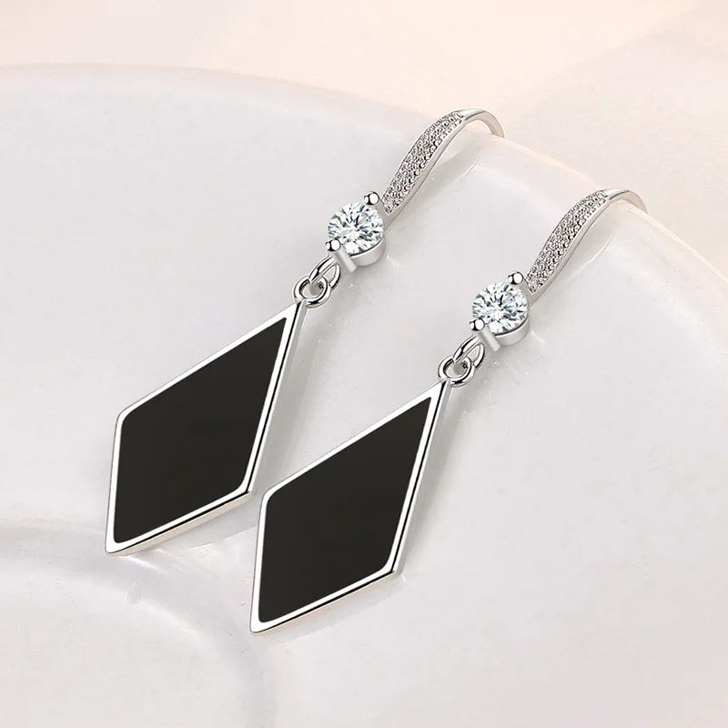 Fashion Black Rhombus Drop Earrings Cubic Zircon Stone Ear Piercing Hook Female Dangle Earring Trendy Wedding Jewelry For Women