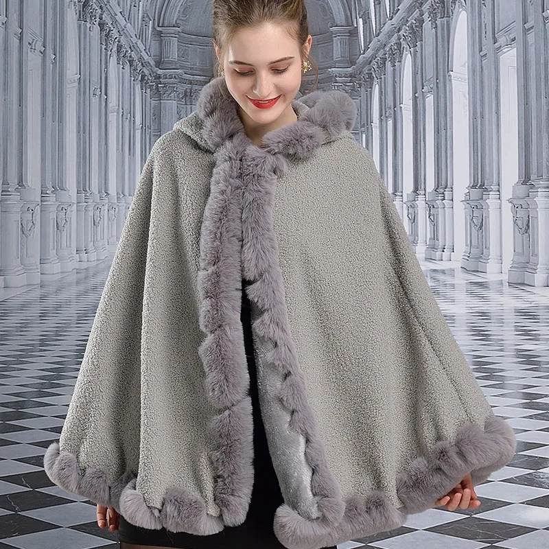 

Winter Women Big Pendulum Outer Wear Cardigan Shawl Cape Faux Rabbit Fur Cloak With Hat Granular Velvet Warm Thick Poncho Coat