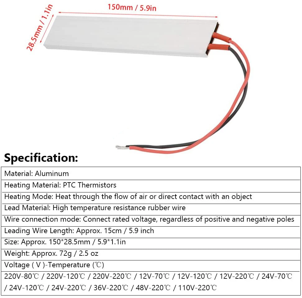 12V 24V 220V PTC Heating Element 150x28mm Constant Temperature Thermistor Air Heating Sensor Aluminum Hair Dryer Curlers Heater